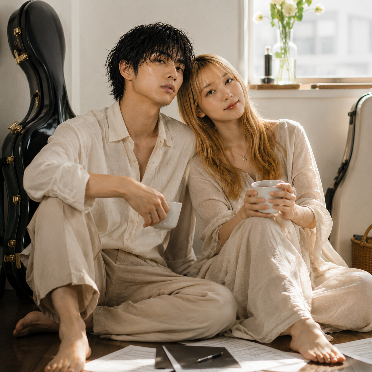 HATO RENOIR - 窓辺の床に座る、コーヒーを手に