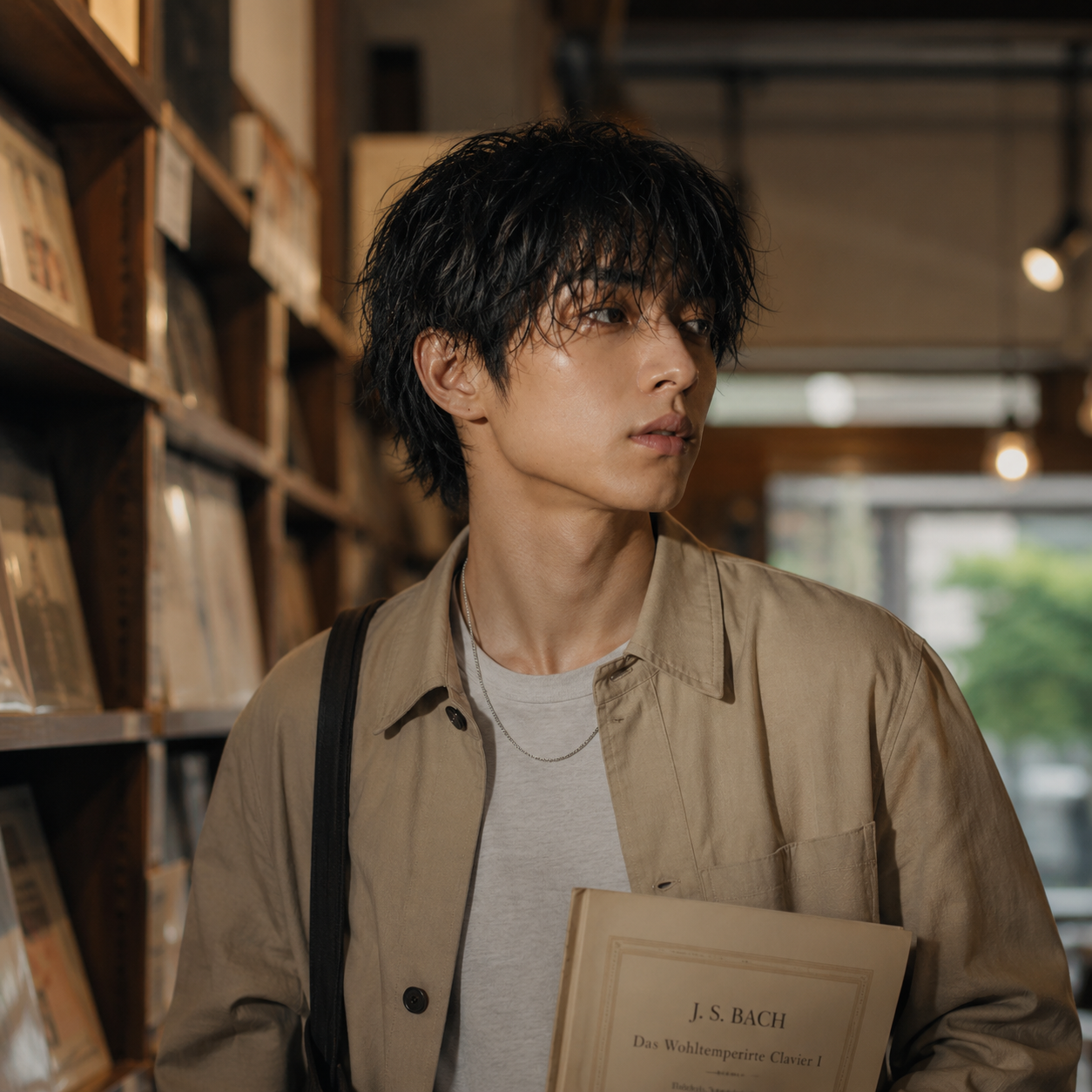 鳩咲蓮 - レコード店でバッハの楽譜を手に
